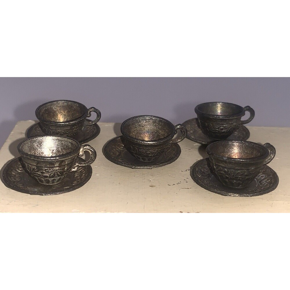 Antique German Dollhouse Miniature Cup And Saucer Set Of 5 Ornate Design